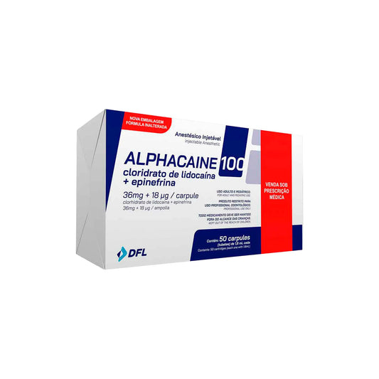 Anestésico Alphacaine 100 DFL. Lidocaína 2% con epinefrina, caja de 50 carpules. Solución inyectable para odontología. Distribuido por Klinetix.