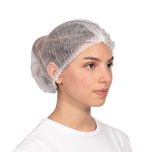 Imagen de una cofia desechable Ceamed en color blanco puro, diseñada con un patrón circular plisado que permite una expansión adaptable a cualquier volumen de cabello. Su fabricación en tela no tejida ligera resalta su diseño profesional y limpio para el control de la contaminación en ambientes clínicos e industriales. Distribuido por Klinetix.