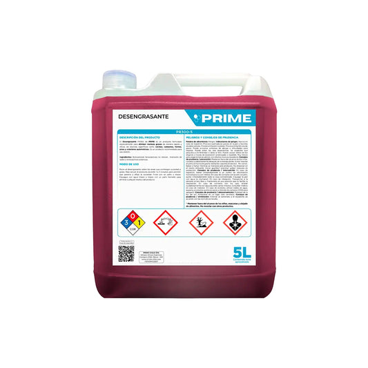 Bidón de 5L de desengrasante industrial Prime PR300. Líquido color púrpura de alta potencia alcalina para eliminar aceites minerales y grasas pesadas en cocinas y motores. Envase con etiqueta de seguridad técnica y dosificación profesional. Distribuido por Klinetix.