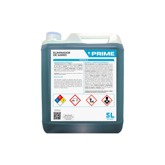 Bidón de 5 litros de eliminador de sarro profesional Prime, fórmula desincrustante de alta potencia para remover cal y depósitos minerales en baños y superficies húmedas. Distribuido por Klinetix.