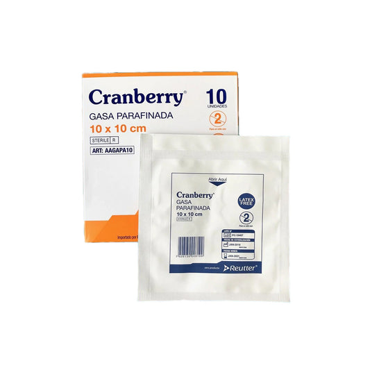 Caja de 10 apósitos de gasa parafinada Cranberry 10x10 cm en sobres estériles individuales.