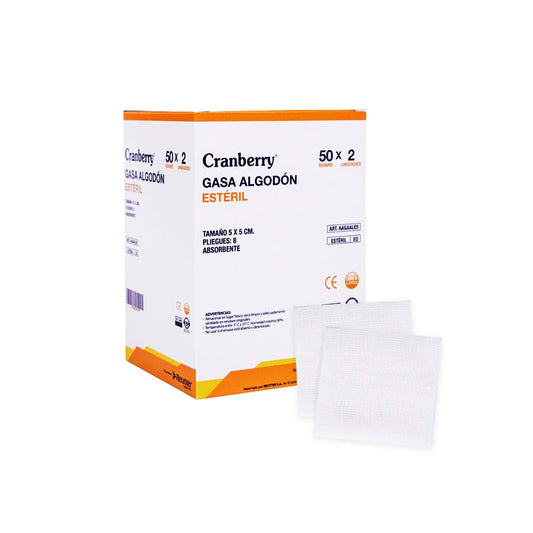 Caja de 50 sobres con 2 unidades cada uno de gasas estériles de algodón tejido Cranberry (100 unidades totales). Gasas de 5x5 cm, 100% algodón, altamente absorbentes y libres de látex. Diseñadas para limpieza de heridas y protección de lesiones bajo estrictos estándares de higiene. Distribuido por Klinetix.