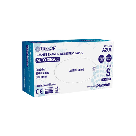 Caja de 100 guantes de nitrilo azul Tresor para alto riesgo, puño largo y alta resistencia.