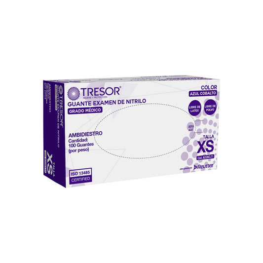 Caja de 100 guantes de nitrilo grado médico Tresor color azul cobalto, talla M, sin polvo.