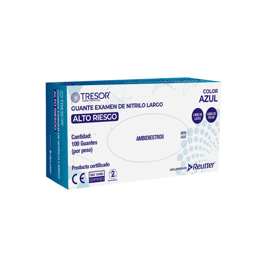 Caja de 100 guantes de nitrilo azul Tresor para alto riesgo. Guantes ambidiestros, libres de látex y polvo, con cobertura extendida para protección biológica y química superior. Distribuido por Klinetix.