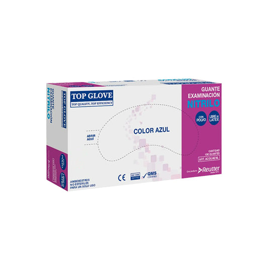 Caja de 100 guantes de nitrilo color azul Top Glovo, grado médico. Guantes ambidiestros, libres de látex y polvo, diseñados para alta sensibilidad táctil y bioseguridad. Distribuido por Klinetix.