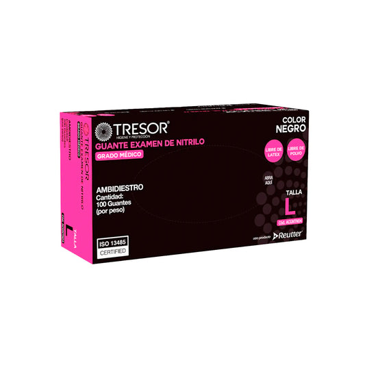 Caja de 100 guantes de examinación de nitrilo negro marca Tresor. Guantes desechables libres de látex y polvo, con alta resistencia a punciones y químicos. Diseño ergonómico texturizado en dedos para mejor agarre. Ideales para uso clínico, estético e industrial. Distribuido por Klinetix.