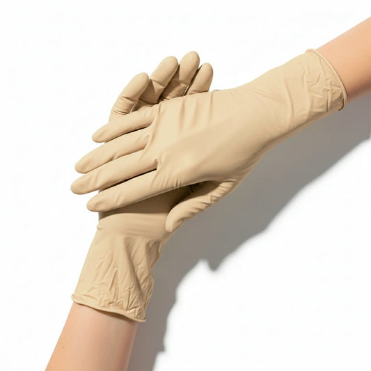 Vista de manos con guantes de policloropreno color crema sobre fondo blanco. Guante sintético estéril, libre de látex y polvo, con alta elasticidad para procedimientos quirúrgicos. Distribuido por Klinetix.