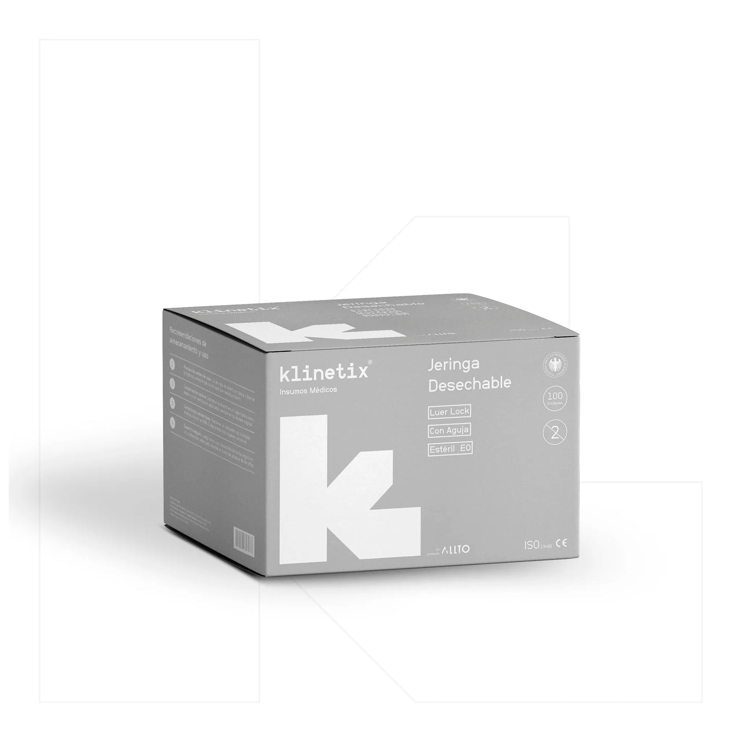 Jeringa estéril Klinetix con sistema Luer Lock y aguja, ideal para administración de medicamentos sin fugas ni riesgos.