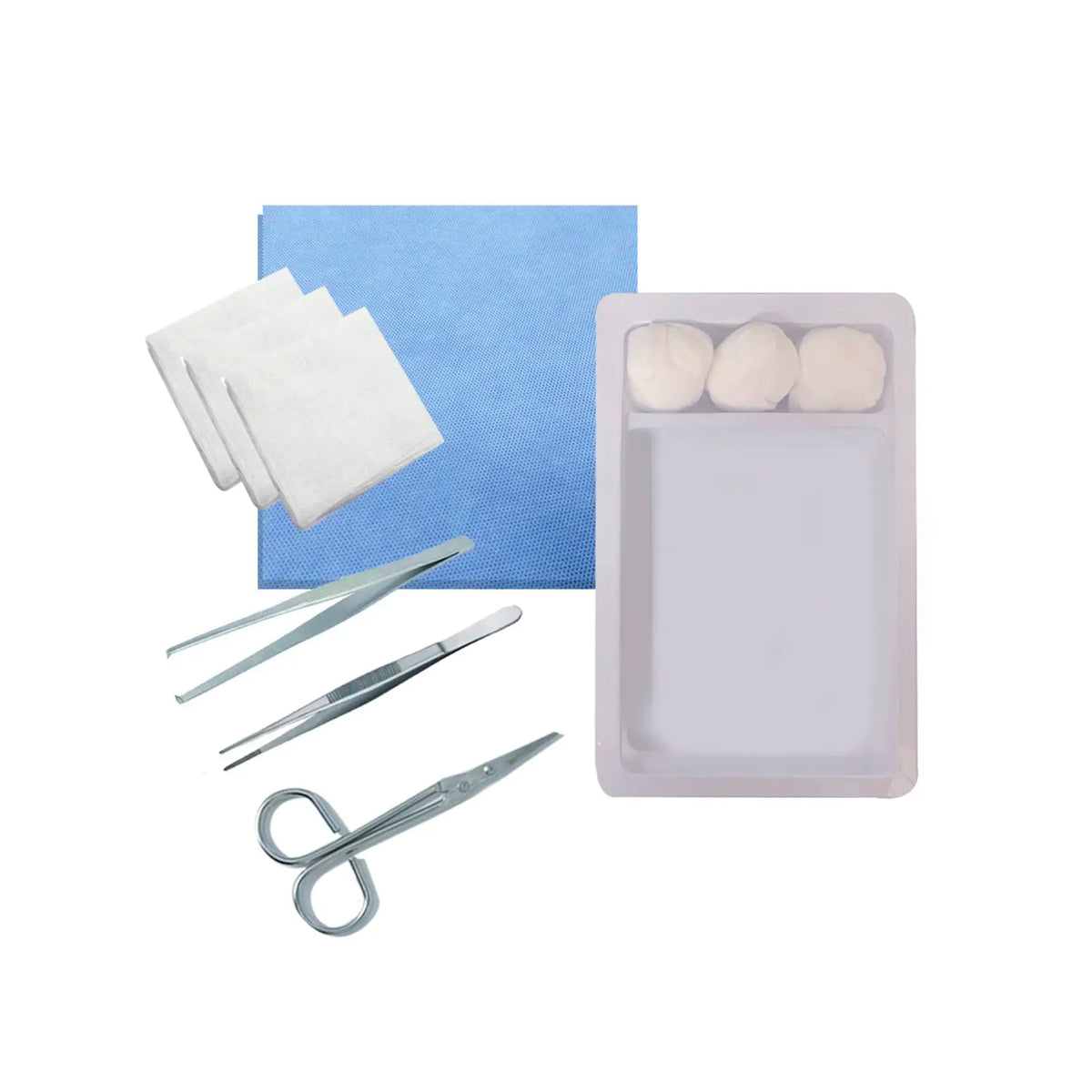 Set de curación estéril Cranberry con instrumental metálico. Incluye tijera de punta aguda, pinza anatómica, pinza quirúrgica, tórulas de algodón, gasas no tejidas y campo clínico sobre bandeja plástica compartimentada. Ideal para manejo profesional de heridas. Distribuido por Klinetix.