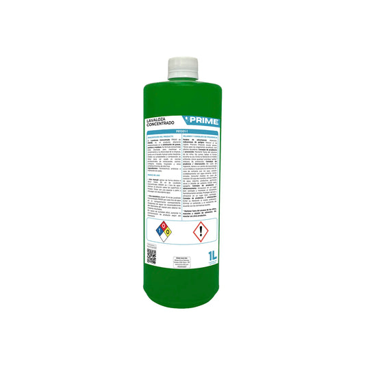 Detergente Lavaloza Concentrado Prime PR1001-1 en formato de 1 litro. Envase cilíndrico transparente que muestra el detergente líquido color verde. Producto formulado con tensoactivos para limpieza profunda de vajilla, ollas y utensilios de acero inoxidable. Incluye etiqueta con especificaciones técnicas, modo de uso y códigos de seguridad. Distribuido por Klinetix.