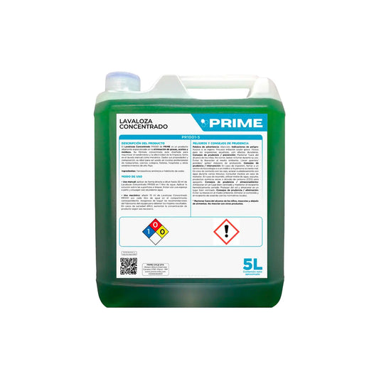 Detergente Lavaloza Concentrado Prime PR1001-5 en formato bidón de 5 litros. Se observa un envase traslúcido con líquido de color verde intenso, diseñado para uso industrial y gastronómico de alta exigencia. La etiqueta frontal detalla instrucciones de uso manual y mecánico, advertencias de seguridad y rombo de seguridad NFPA. Ideal para la eliminación de grasas y aceites rebeldes. Distribuido por Klinetix.