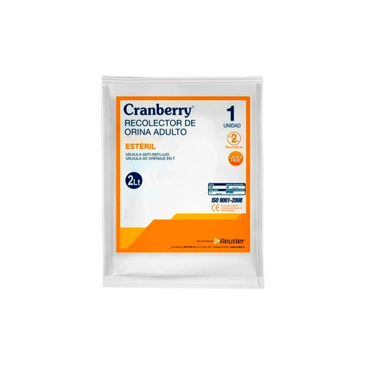 Empaque estéril de recolector de orina para adulto Cranberry, capacidad de 2 litros con válvula anti-reflujo y de drenaje en T, distribuido por Klinetix.