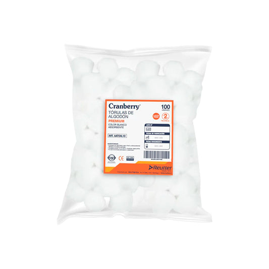 Bolsa de 100 tórulas de algodón premium Cranberry. Bolas de algodón 100% natural de color blanco puro, altamente absorbentes, suaves y libres de látex. Ideales para limpieza de heridas, desinfección cutánea y procedimientos clínicos en pieles sensibles. Distribuido por Klinetix.
