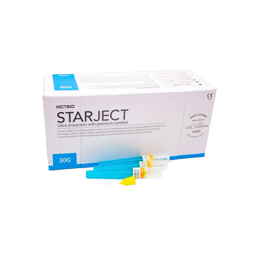 Caja de 100 unidades de agujas dentales estériles Starject 30G x 21 mm para anestesia local odontológica, distribuidas por Klinetix.