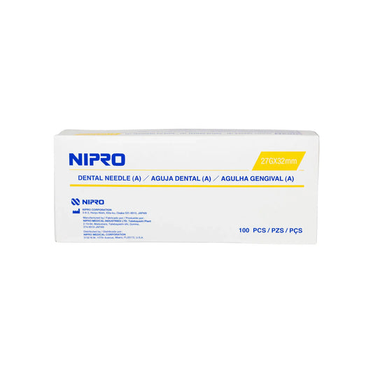 Caja de 100 agujas dentales Nipro 27G x 32 mm. Empaque blanco y amarillo. Aguja larga para anestesia dental precisa. Distribuido por Klinetix.