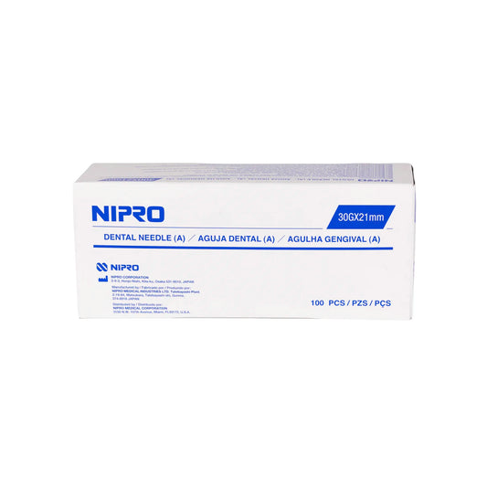 Caja de 100 agujas dentales Nipro 30G x 21 mm. Empaque blanco y azul. Aguja corta ultra fina para punción sin dolor. Distribuido por Klinetix.