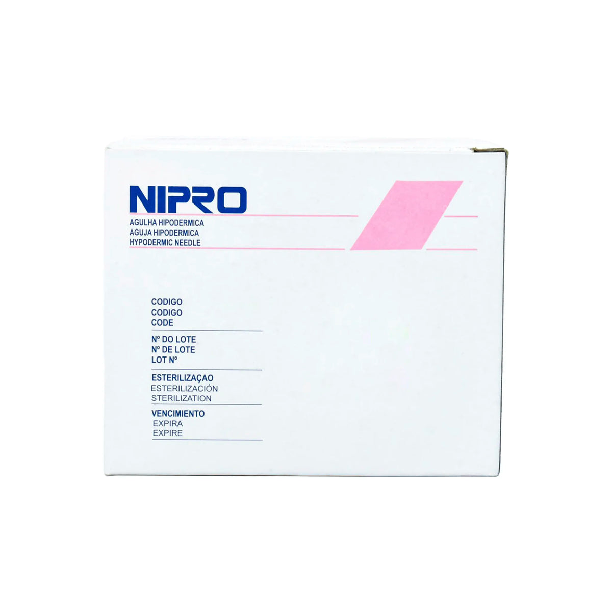 Caja de 100 agujas hipodérmicas Nipro calibre 18G. Empaque con distintivo rosado. Aguja de acero inoxidable para administración de fluidos y aspiración. Distribuido por Klinetix.