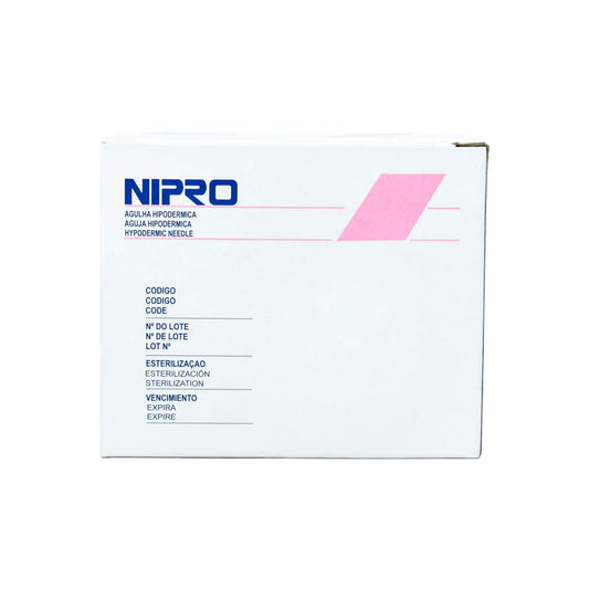 Caja de 100 agujas hipodérmicas Nipro calibre 18G. Empaque con distintivo rosado. Aguja de acero inoxidable para administración de fluidos y aspiración. Distribuido por Klinetix.