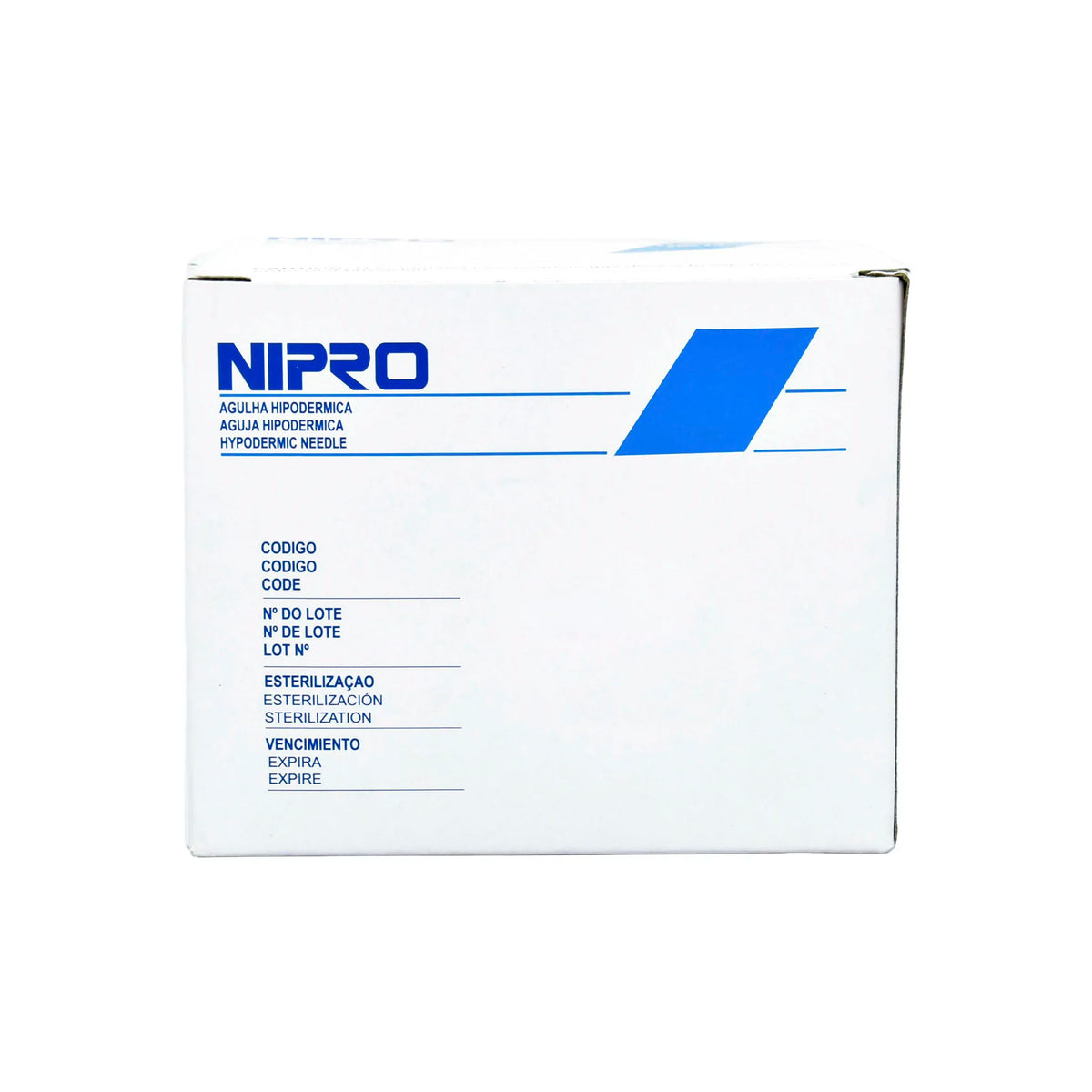 Caja de 100 agujas hipodérmicas Nipro calibre 23G. Empaque con distintivo azul. Aguja estéril diseñada para una punción suave y segura. Distribuido por Klinetix.