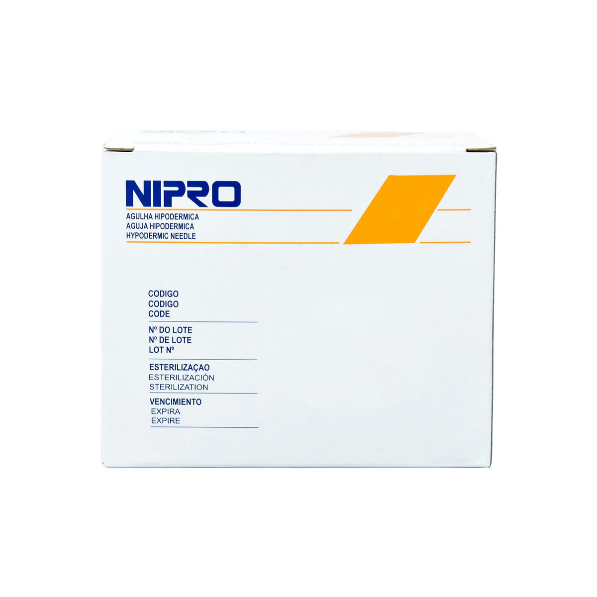 Caja de 100 agujas hipodérmicas Nipro calibre 25G. Empaque con distintivo naranja. Aguja de alta precisión para procedimientos clínicos estándar. Distribuido por Klinetix.