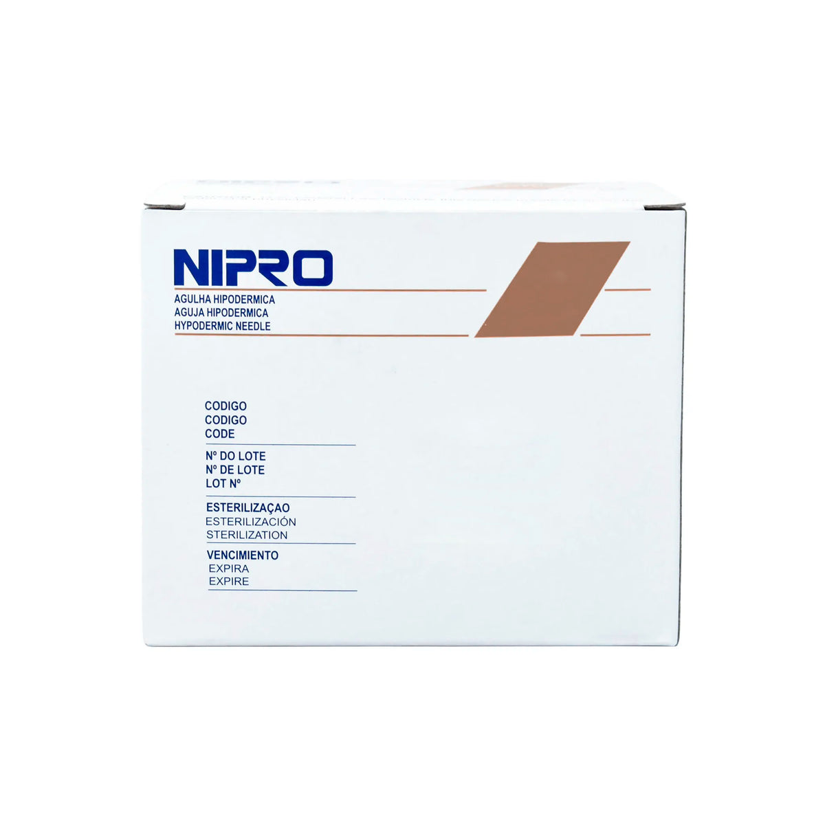 Caja de 100 agujas hipodérmicas Nipro calibre 26G. Empaque con distintivo café. Aguja de calibre fino para inserción atraumática y controlada. Distribuido por Klinetix.