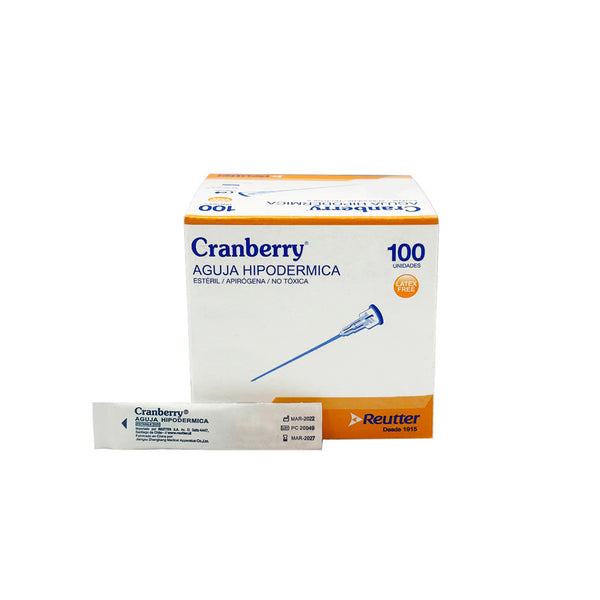 Caja de 100 agujas hipodérmicas Cranberry mostrando el código de colores por calibre.