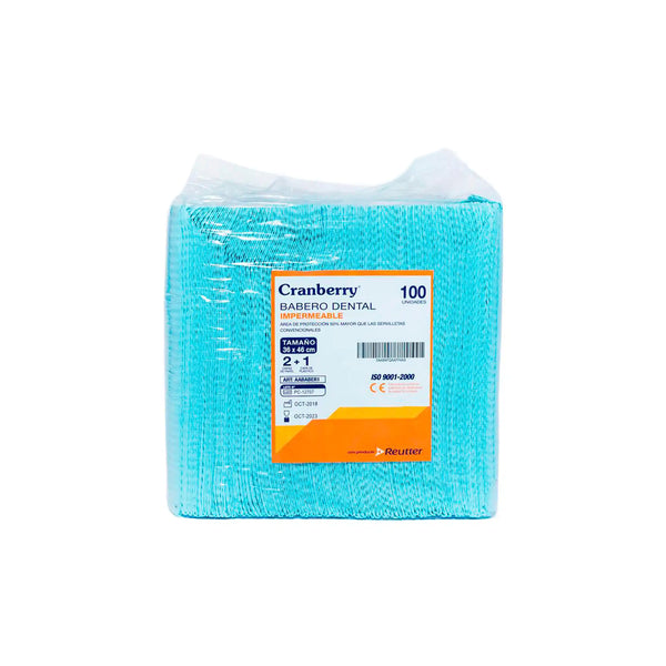 Paquete de 100 unidades de baberos dentales desechables Cranberry color celeste, servilletas impermeables de 36 x 46 cm para protección de pacientes en clínicas. Distribuido por Klinetix.