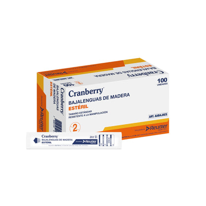 Caja de 100 bajalenguas de madera Cranberry, mostrando los bordes redondeados y pulidos.