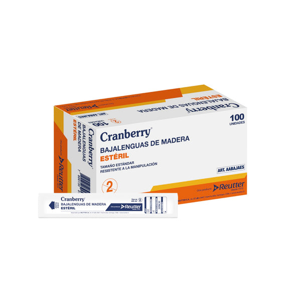 Caja de 100 bajalenguas de madera Cranberry, mostrando los bordes redondeados y pulidos.