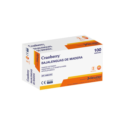 Caja de 100 bajalenguas de madera Cranberry para examen médico, diseño con bordes redondeados.