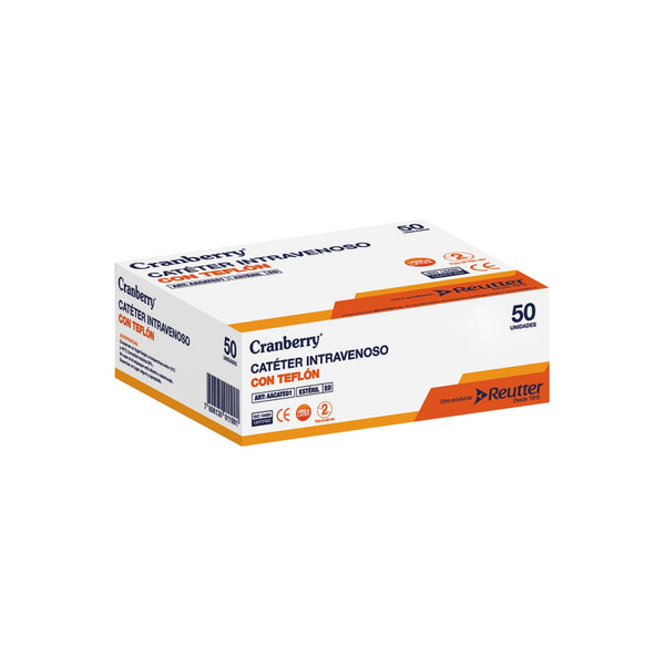 Caja de 50 catéteres intravenosos Cranberry, mostrando el empaque estéril individual.