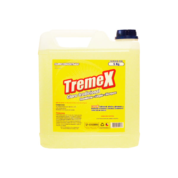 Bidón de 5 litros de cloro tradicional concentrado Tremex, solución desinfectante de hipoclorito de sodio.