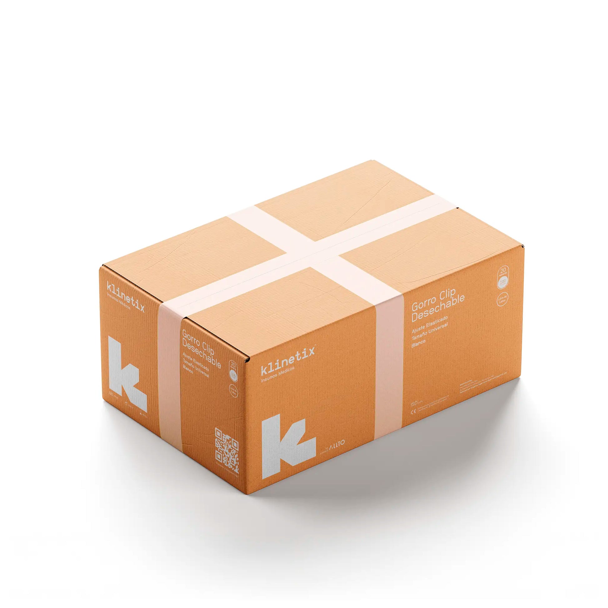 Caja de embalaje master de cofias desechables Klinetix, insumos médicos para control de higiene y prevención de contaminación por cabello.
