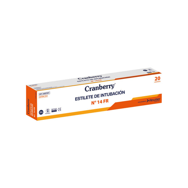 Estilete de intubación estéril Cranberry 14 FR en su empaque individual.