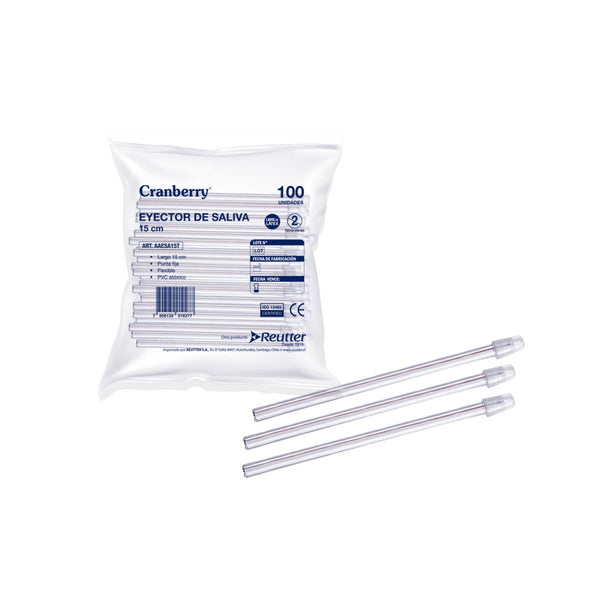 Bolsa de 100 eyectores de saliva Cranberry transparentes con punta redondeada de seguridad.