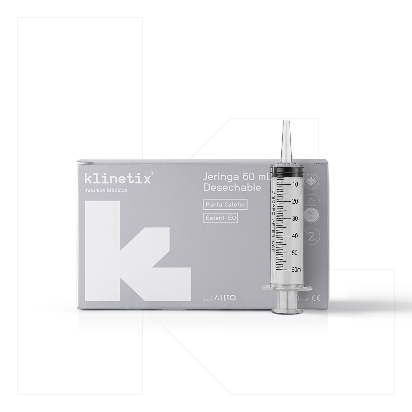 Caja de 25 unidades de jeringas Klinetix de 60 mL en empaque individual estéril.