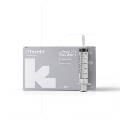 Caja de 25 unidades de jeringas Klinetix de 60 mL en empaque individual estéril.