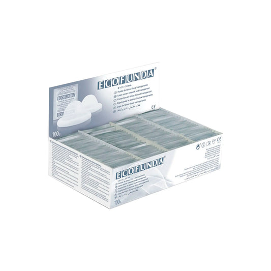 Caja de 500 unidades de fundas de látex Ecofunda para transductores y sondas de ecografía, con empaques individuales estériles para protección en exámenes de ultrasonido. Distribuido por Klinetix.