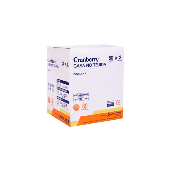 Caja de 50 sobres de gasa estéril no tejida Cranberry, destacando la suavidad del material.