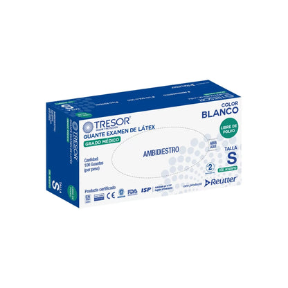 Caja de 100 guantes de látex natural Tresor, destacando el formato 'Sin Polvo' y su alta sensibilidad.