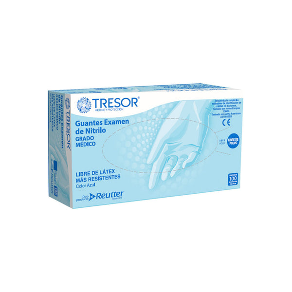 Caja de 100 guantes de nitrilo azul Tresor, resaltando su alta resistencia y ausencia de látex.