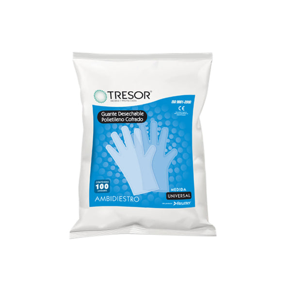 Bolsa de 100 guantes de polietileno transparente Tresor con textura cofrada visible.