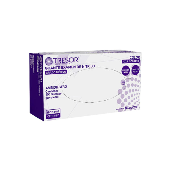 Caja de 100 guantes de nitrilo color azul cobalto Tresor, grado médico. Guantes ambidiestros, libres de látex y polvo, diseñados para alta sensibilidad táctil y bioseguridad. Distribuido por Klinetix.