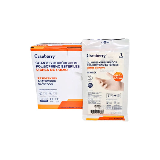 Caja de 50 pares de guantes quirúrgicos de polisopreno Cranberry, estériles y libres de polvo. Alternativa sintética al látex con alta elasticidad y sensibilidad táctil para cirugías. Distribuido por Klinetix.