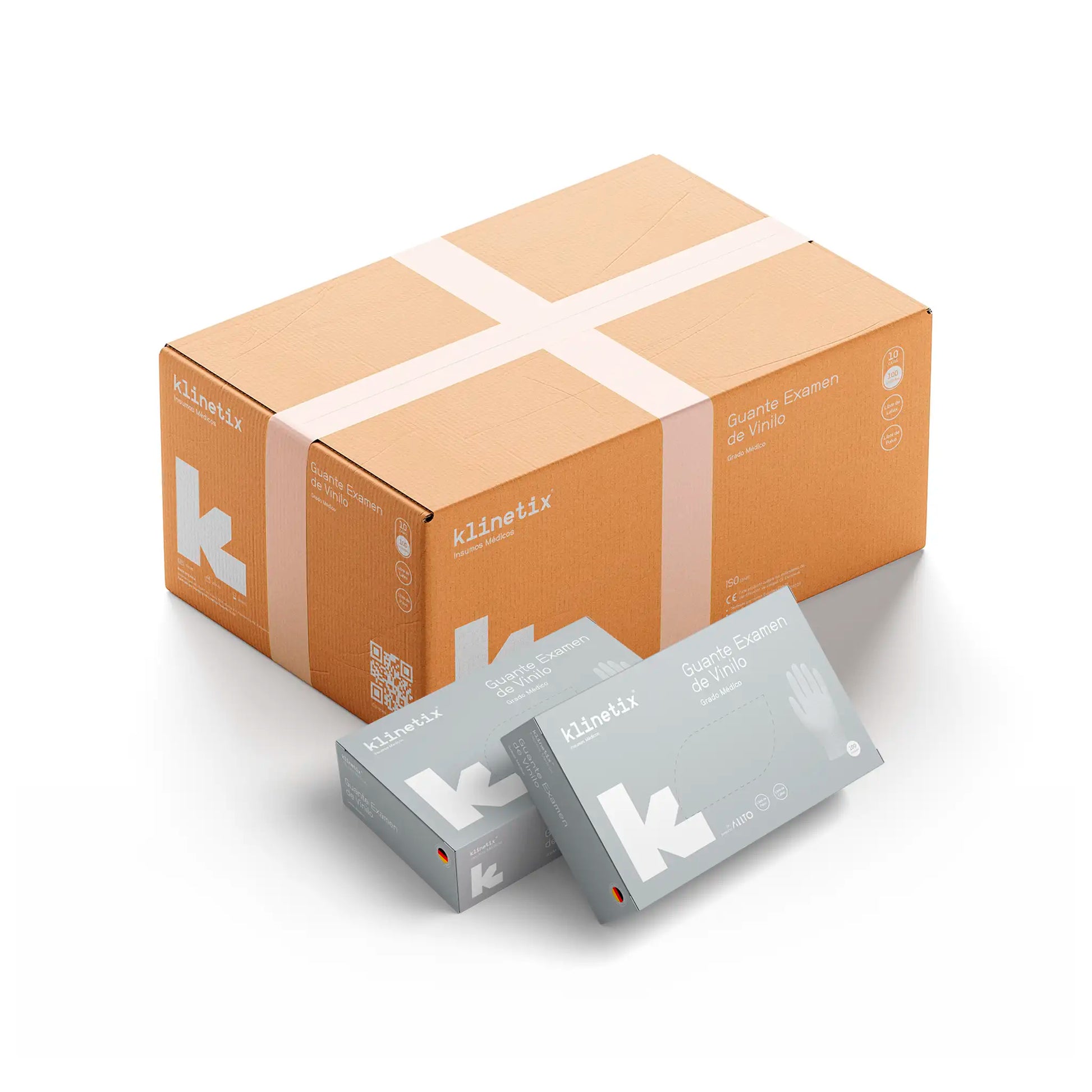 Caja master y cajas individuales de guantes de vinilo transparentes Klinetix, insumos médicos de grado examen, libres de polvo y látex para protección higiénica.