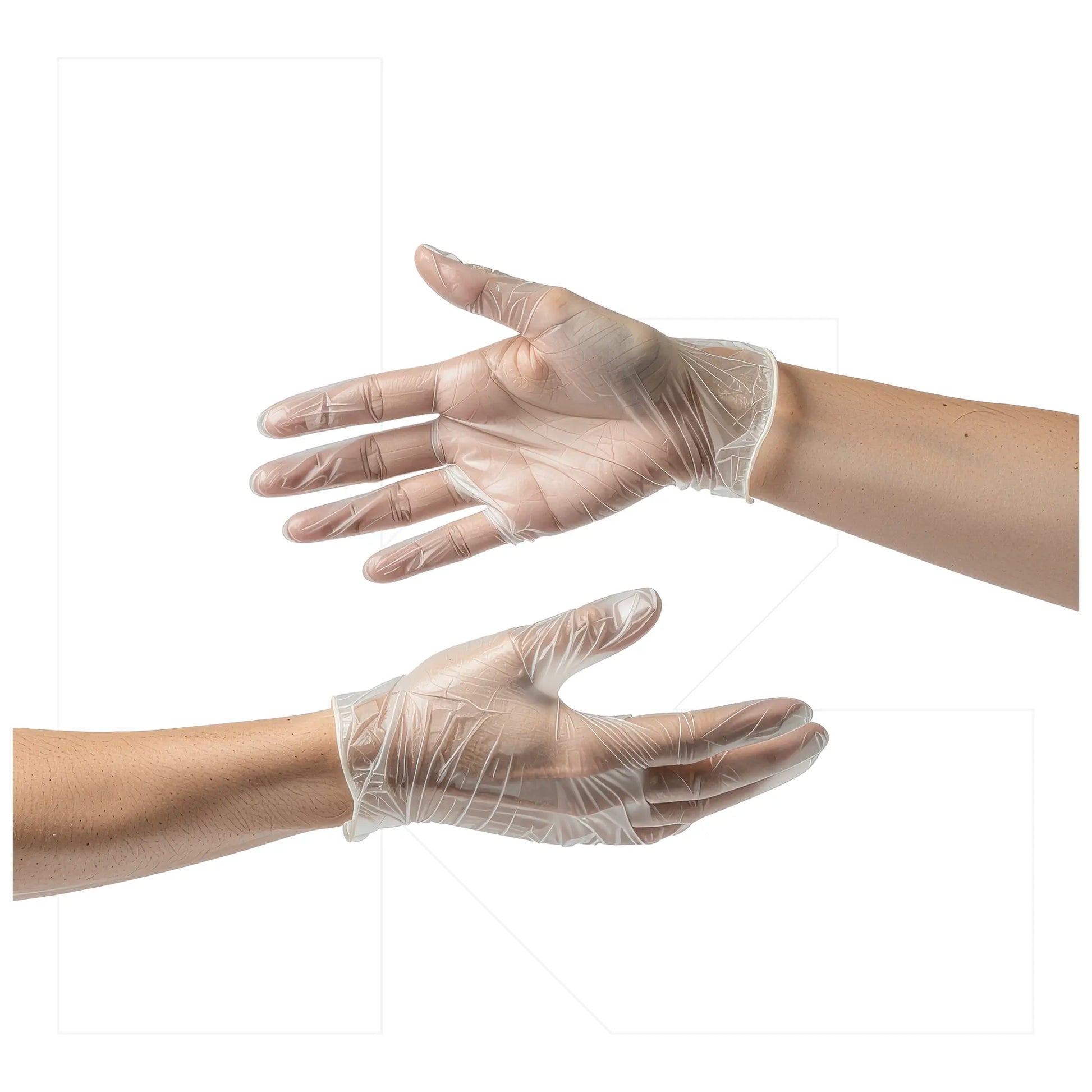 Manos utilizando guantes de vinilo desechables transparentes, mostrando la flexibilidad y el ajuste seguro del material para manipulación precisa y segura.