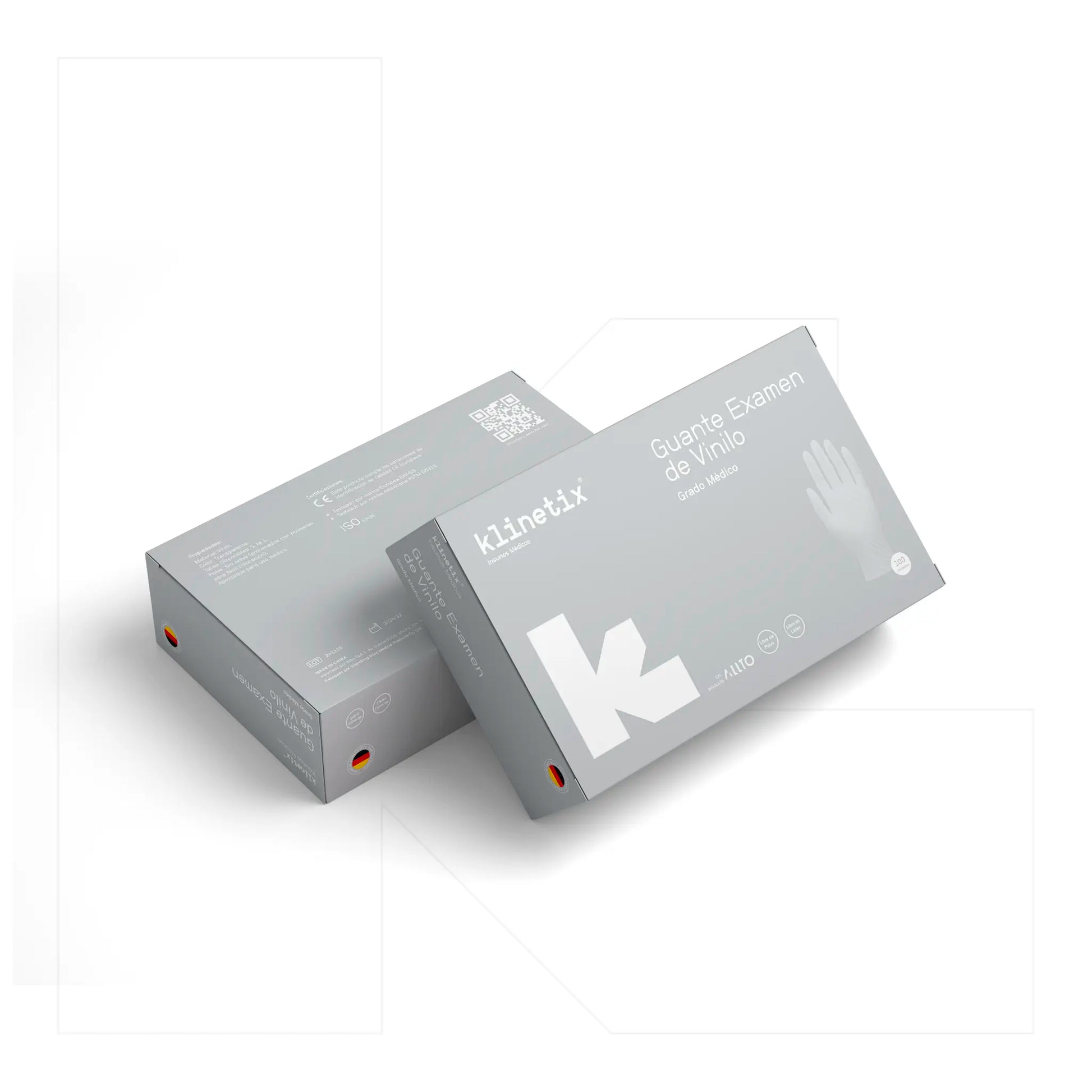 Dos cajas de guantes de examinación de vinilo Klinetix de 100 unidades cada una, destacando certificaciones de calidad y diseño ergonómico para uso clínico.