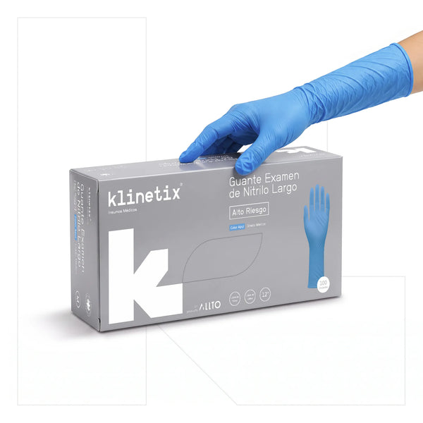 Guante Examinación Nitrilo Azul Alto Riesgo Puño 30 cm | Caja 100 un | Klinetix