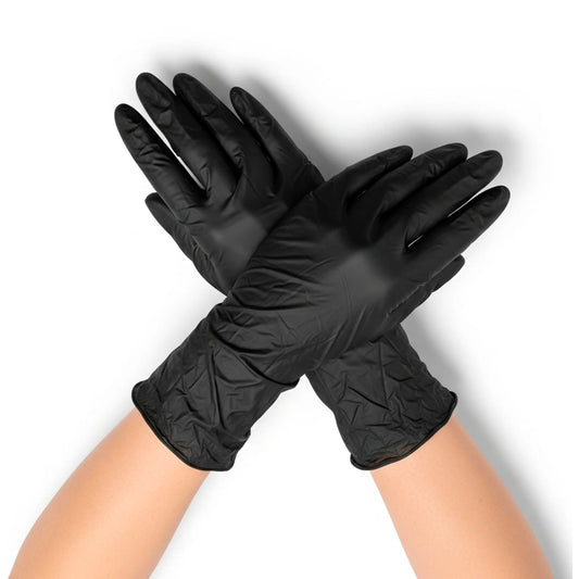 Par de guantes de examinación de nitrilo negro OMICAAN de 3.5 g para alta sensibilidad táctil y protección contra fluidos, distribuido por Klinetix.
